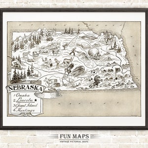 Mapa vintage del estado de Nebraska: ilustración divertida, divertida y divertida, con dibujos animados, para decorar paredes, regalos y pósteres.