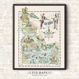 Mapa divertido del estado de Idaho: ilustración vintage con dibujos animados, aventura, decoración de pared, regalo y póster.