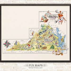 Mapa divertido del estado de Virginia: ilustración vintage con dibujos animados, aventura, decoración de pared, regalo y póster.