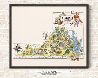 Fun State Map of Virginia – Vintage Pictorial Whimsical Cartoon Print Illustration from 1940’s by Liozu | Wall Art Décor | Gift | Poster