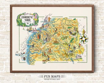 Fun Map of Norway - The North Fjords Vintage Pictorial Whimsical Print Illustration Scandinavian Wall Art Travel Poster Nordic Adventure Map