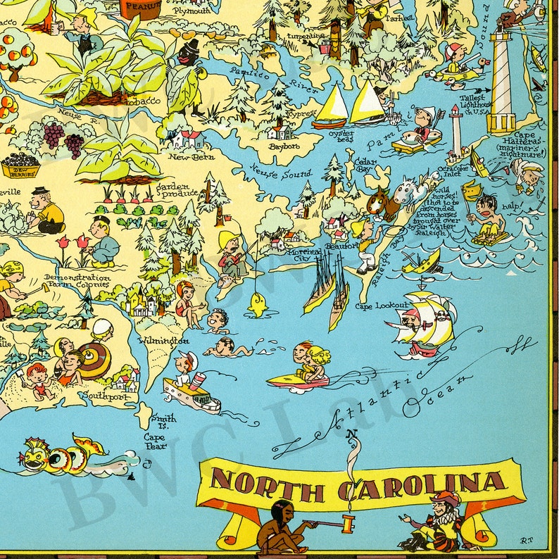 Pictorial Map of North Carolina Colorful Fun Illustration of | Etsy