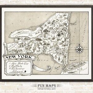 Mapa vintage del estado de Nueva York: divertida ilustración pictórica y divertida, ideal para decorar paredes, regalos y pósteres.