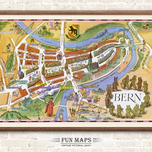 Mapa callejero divertido de Berna, Suiza: ilustración vintage con dibujos animados, ilustraciones, aventuras, arte de pared, decoración, regalo, póster, viajes.