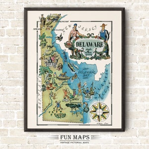Mapa divertido del estado de Delaware: ilustración vintage con dibujos animados, aventura, decoración de pared, regalo y póster.