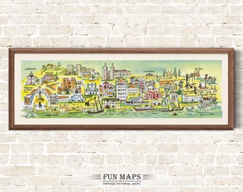 Fun Map B of The Docks  in Portugal Vintage Pictorial Whimsical Cartoon Old Print Illustration Spanish Wall Art Gift Travel Poster Adventure