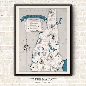 Mapa divertido de New Hampshire: Ilustración vintage con dibujos animados de Johst, decoración de pared, póster de regalo