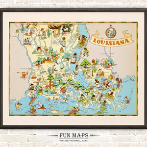 Carte amusante de l'État de la Louisiane – illustration vintage d'impression de dessin animé lunatique pictural | Aventure | Poster cadeau déco murale
