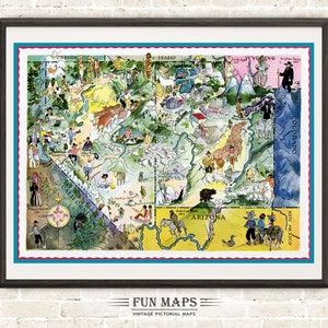 Vintage Bundesstaat Karte von Nevada & Utah Karte – Bildliches Wunderliche Print Illustration Abenteuer Buntes Wand Kunst Dekor Geschenk Poster