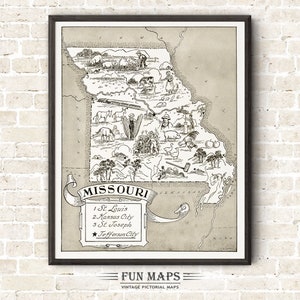 Mapa vintage del estado de Misuri: divertida ilustración pictórica con dibujos animados, aventura, decoración de pared, regalo y póster.
