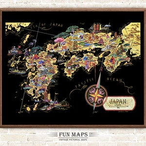 Mapa del sur de Japón: divertida ilustración vintage pictórica, caprichosa, de dibujos animados, antigua impresión, aventura, arte de pared, decoración, regalo, póster, geografía