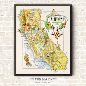 Mapa divertido del estado de California: ilustración vintage con dibujos animados, aventura, decoración de pared, regalo y póster.