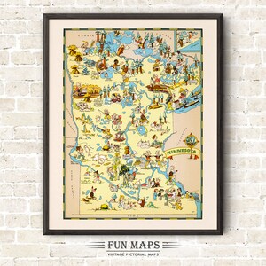 Mapa divertido del estado de Minnesota: ilustración vintage con dibujos animados, aventura, decoración de pared, póster de regalo