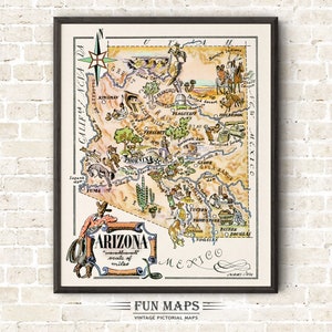 Carte d'état de l'Arizona amusante – illustration vintage d'impression de dessin animé lunatique pictural | Aventure | Art mural décoratif | Cadeau | Affiche