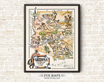 Fun State Karte von Arizona - Vintage bildhafte Cartoon-Druck-Illustration aus den 1940er Jahren von Liozu | Wand Kunst Dekor | Geschenk | Plakat