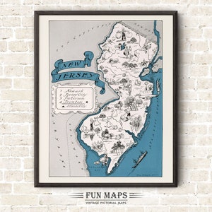 Mapa divertido de Nueva Jersey: ilustración vintage con dibujos animados de Johst, decoración de pared, póster de regalo
