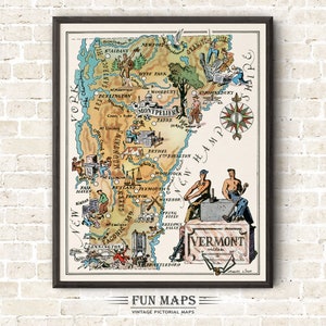Mapa divertido del estado de Vermont: ilustración vintage con dibujos animados, aventura, decoración de pared, regalo y póster.