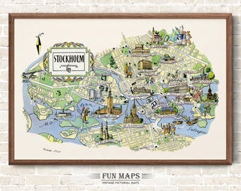 Fun Map of Sweden, Stockholm Streets Vintage Pictorial Whimsical Print Illustration Scandinavian Wall Art Adventure Map of Nordic Countries