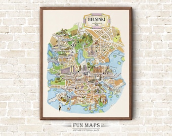 Fun Map of Finland Helsinki Streets Vintage Pictorial Whimsical Print Illustration Scandinavian Wall Art Travel Poster Nordic Adventure Map