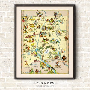 Mapa divertido del estado de Nuevo México: ilustración vintage con dibujos animados, aventura, decoración de pared, póster de regalo