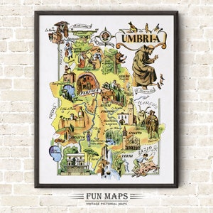 Fun Map of Umbria in Italy Vintage Pictorial Whimsical Cartoon Old Print Illustration Italian Wall Art Gift Travel Poster Adventure Map
