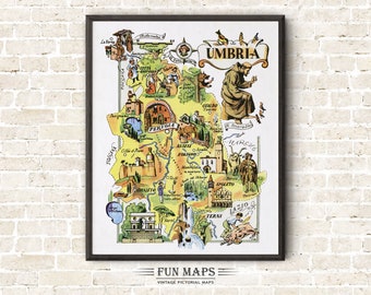 Fun Map of Umbria in Italy Vintage Pictorial Whimsical Cartoon Old Print Illustration Italian Wall Art Gift Travel Poster Adventure Map