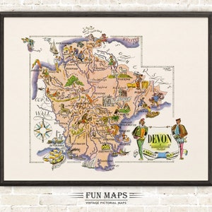 May include: A framed vintage pictorial map of Devon, England, featuring colorful illustrations of landmarks, people, and animals. The map includes the text "Devon" and "Fun Maps" at the bottom, with a compass rose and a ship.