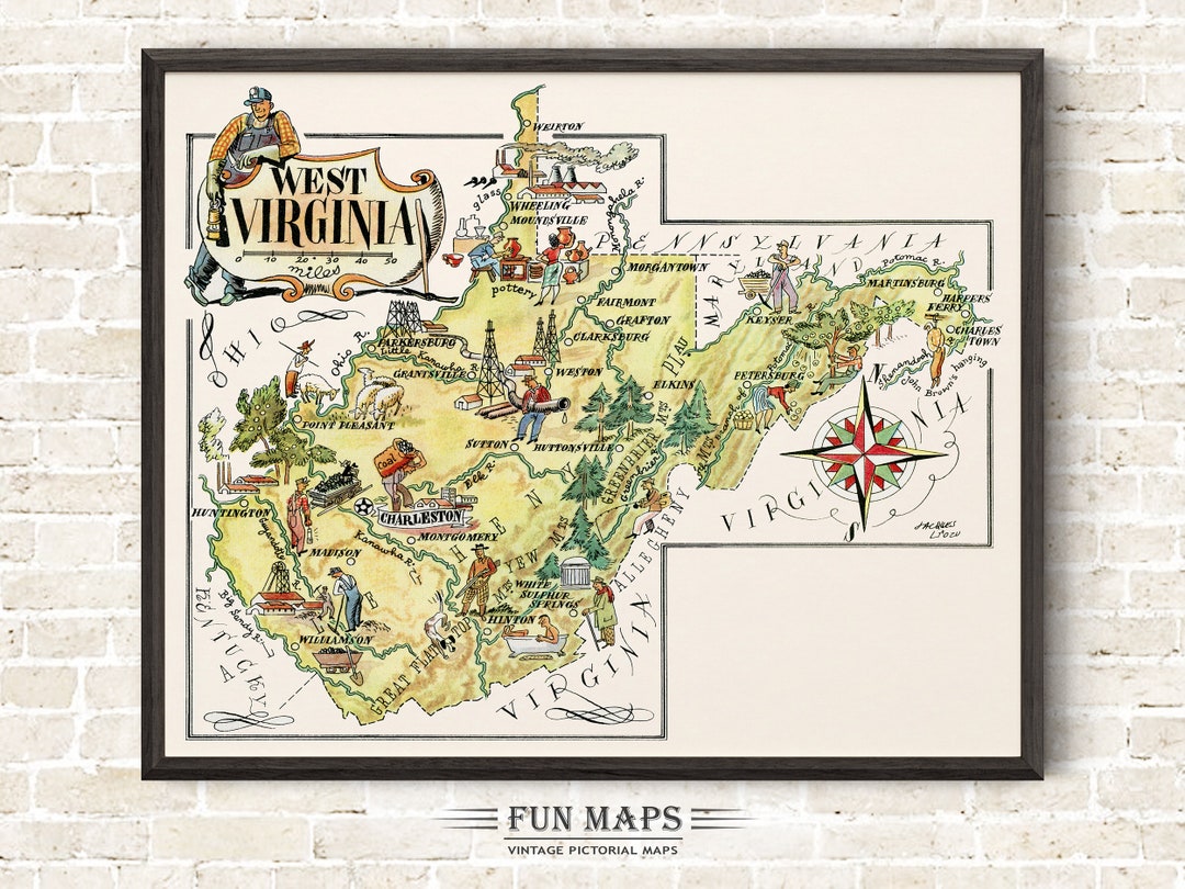 Fun State Map of West Virginia – Vintage Pictorial Whimsical Cartoon Print Illustration | Adventure | Wall Art Décor Gift | Poster - Etsy for Free Printable Map Of West Virginia