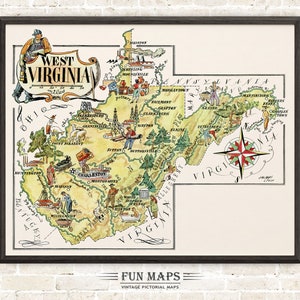 Mapa divertido del estado de Virginia Occidental: ilustración vintage con dibujos animados, aventura, decoración de pared, regalo o póster.