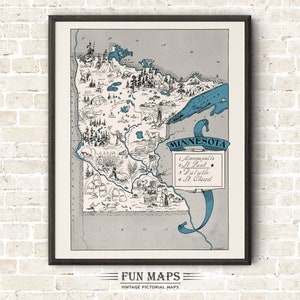 Mapa divertido de Minnesota: Ilustración vintage de dibujos animados de Johst, decoración de pared, póster de regalo