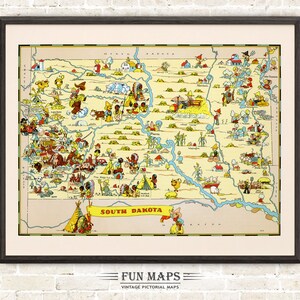 Carte d'état du Dakota du Sud amusante - Illustration vintage de dessin animé lunatique pictural imprimé | Aventure | Poster cadeau déco murale