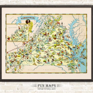 Spaß Zustand Karte von Virginia - Vintage bildhafte skurrile Cartoon-Druck-Illustration | Abenteuer | Wand Kunst Dekor Geschenk Poster