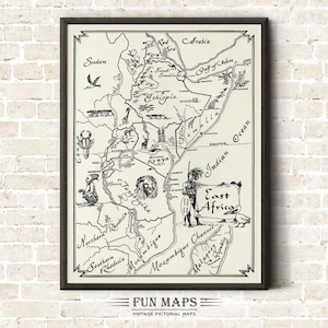 Mapa Afryki Wschodniej - Vintage Pictorial Fun Cartoon Old Print Illustration Picture Map Geography African Wall Art Décor Gift Poster Travel