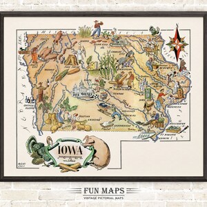 Mapa divertido del estado de Iowa: ilustración vintage con dibujos animados, aventura, decoración de pared, regalo y póster.