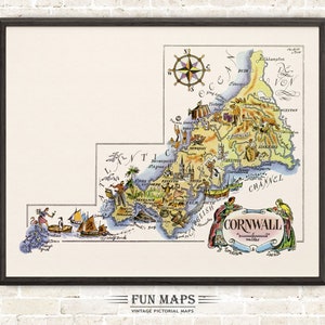 Lustige Karte von Cornwall in Great Britain, England, UK, Vintage bildliche wunderliche Druck Illustration Abenteuer Wand Kunst Dekor Geschenk Poster
