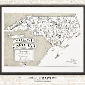 Mapa vintage del estado de Carolina del Norte: ilustración divertida, pictórica y divertida, para decorar paredes, regalos y pósteres.