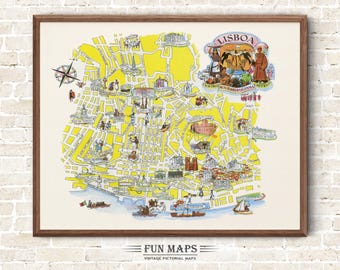 Fun Map of Lisbon Streets in Portugal Vintage Pictorial Whimsical Cartoon Old Print Illustration Wall Art Gift Travel Poster Adventure Map