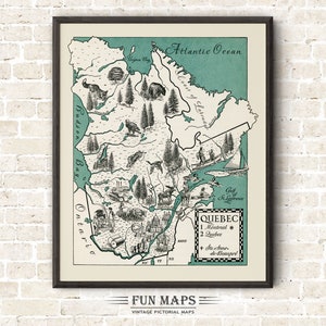 Mapa de Quebec, Canadá: Divertida ilustración vintage con dibujos animados, impresiones antiguas, aventuras, arte de pared, decoración, póster de regalo.