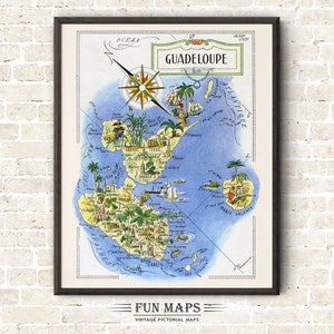 Mapa divertido de Guadalupe en el Caribe: Ilustración vintage con dibujos animados, aventura, decoración de pared y regalo.