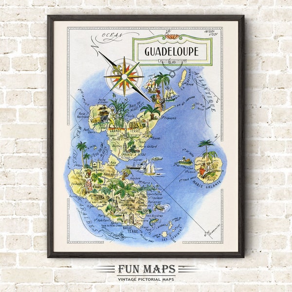 Fun Map of Guadeloupe in the Caribbean – Vintage Pictorial Whimsical Cartoon Print Illustration from 1940’s by Liozu | Wall Art Décor | Gift