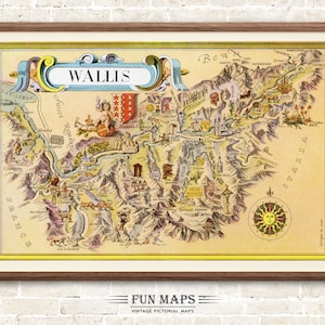 Mapa divertido de Wallis en Suiza: ilustración antigua, pictórica, caprichosa, de dibujos animados, aventura, arte de pared, decoración, regalo, póster, viaje.