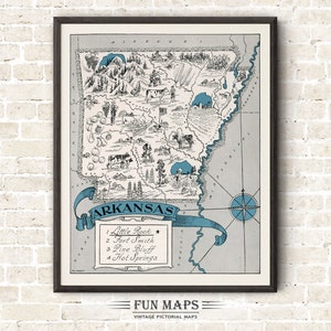 Mapa divertido de Arkansas: Ilustración vintage de dibujos animados de Johst, decoración de pared, póster de regalo