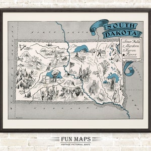 Mapa divertido de Dakota del Sur: Ilustración vintage con dibujos animados de Johst, decoración de pared, póster de regalo