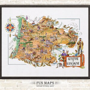 Zabawna mapa Guyenne i Gascogne, francuskiej prowincji, Francja, FR - Vintage Pictorial Whimsical Cartoon Print Illustration Adventure