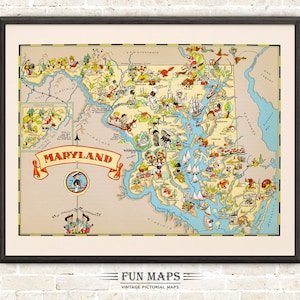 Mapa divertido del estado de Maryland: ilustración vintage con dibujos animados, aventura, decoración de pared, póster de regalo