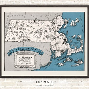 Mapa divertido de Massachusetts: Ilustración vintage con dibujos animados de Johst, decoración de pared, póster de regalo