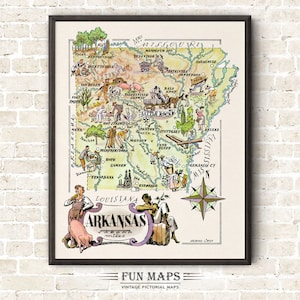 Carte amusante de l'État de l'Arkansas – illustration vintage d'impression de dessin animé lunatique pictural | Aventure | Art mural décoratif | Cadeau | Affiche