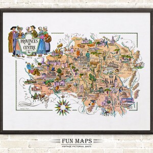 Zabawna mapa prowincji Du Centre a French Province, Francja, FR - Vintage Pictorial Whimsical Cartoon Print Illustration Adventure