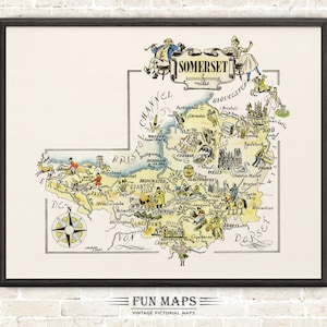 Fun Map of Somerset in Great Britain, England, UK, Vintage Pictorial Whimsical Print Illustration Adventure Wall Art Décor Gift Poster