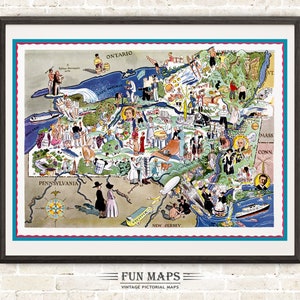 Carte vintage de l'État de New York - Illustration d'impression fantaisiste imagée Aventure, Art mural coloré, cadeau, Poster